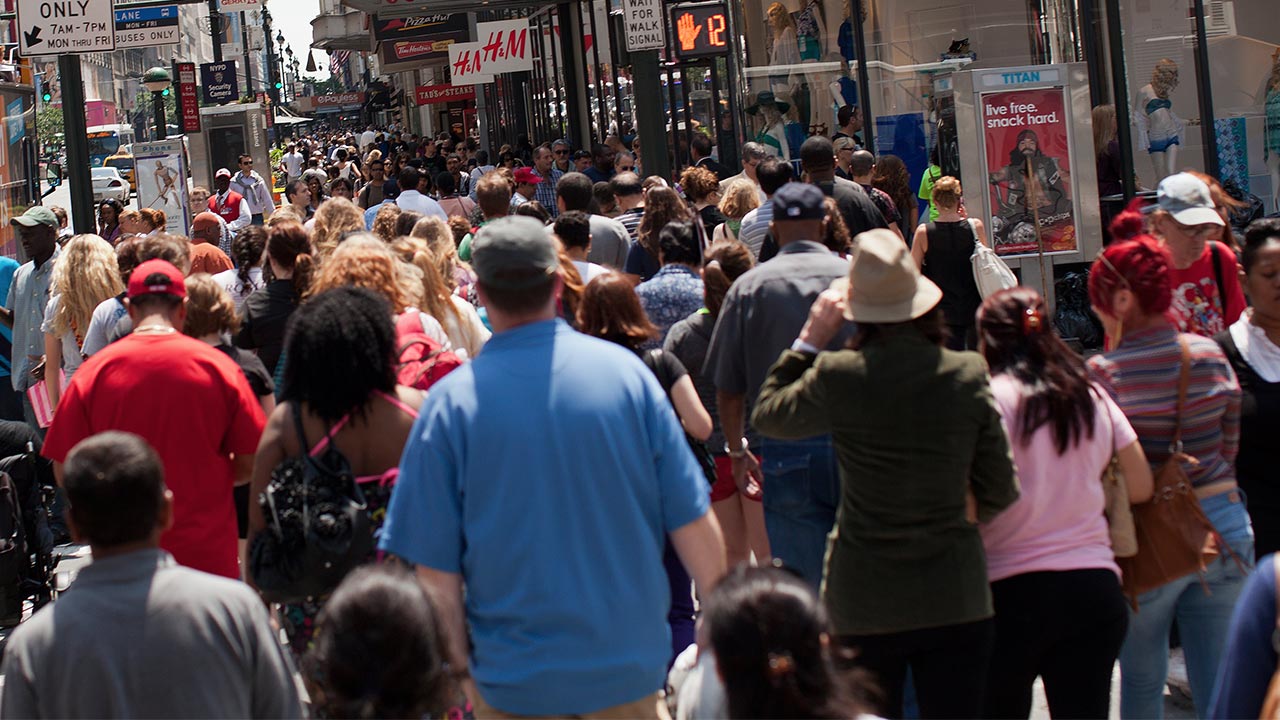 Crowd of people walking daily commute