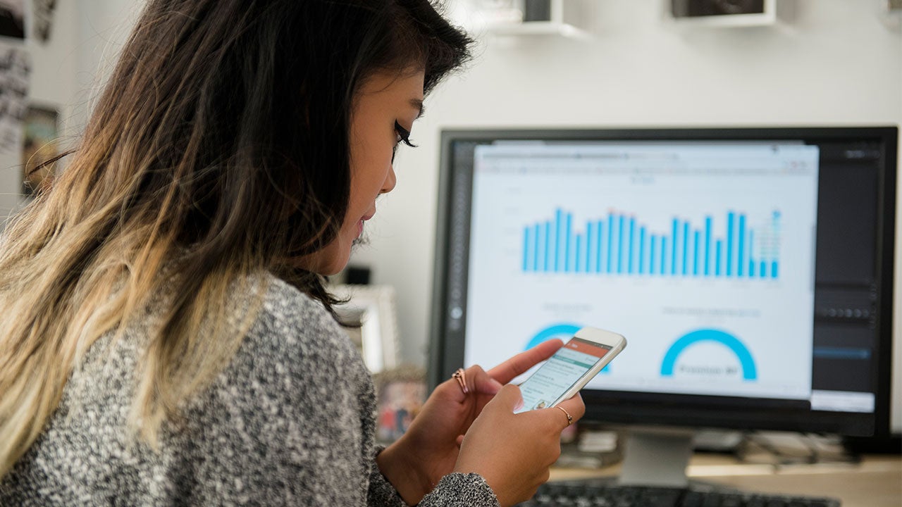 Woman online banking