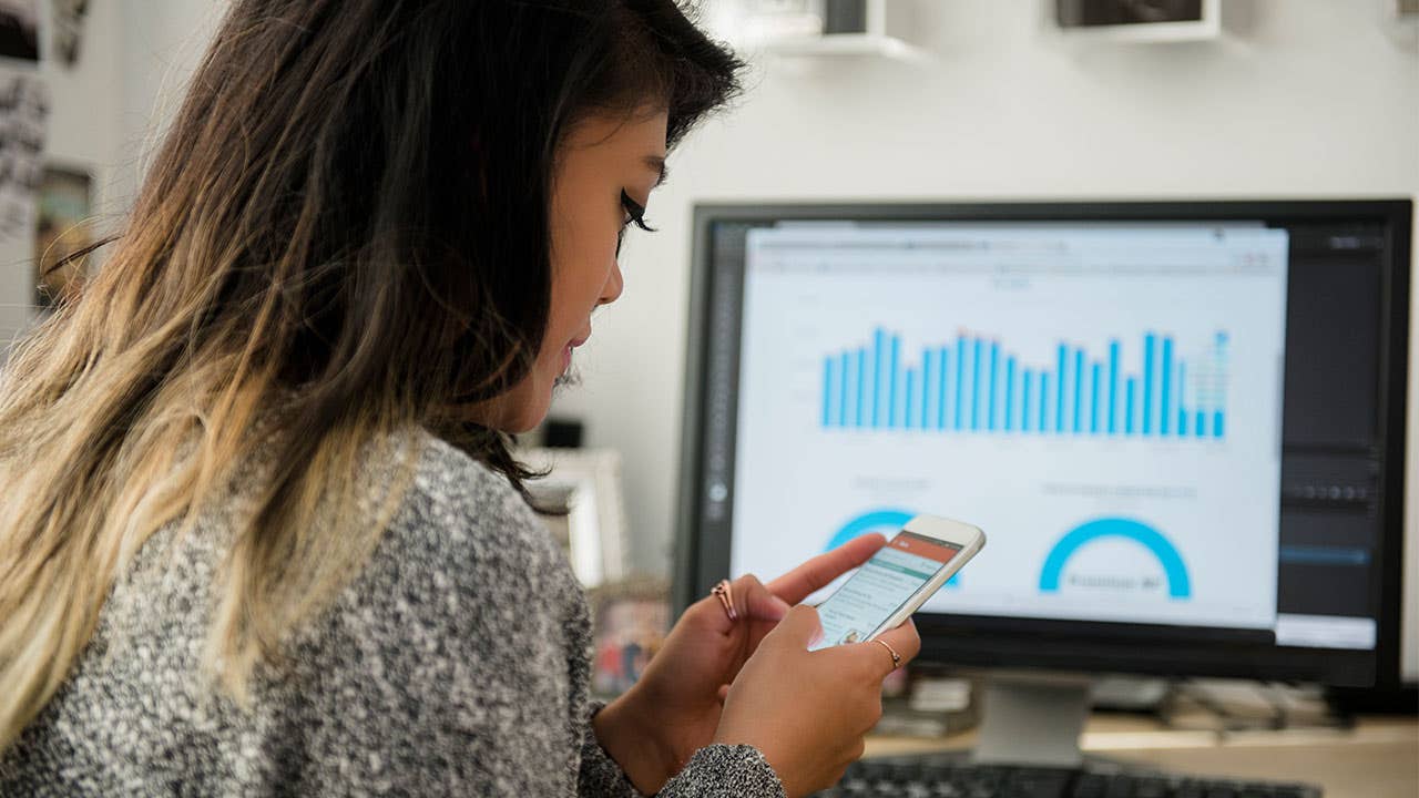 Woman online banking