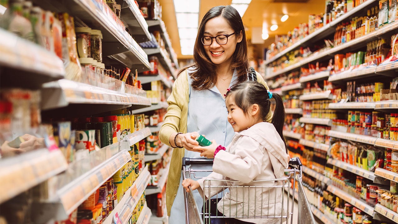 Mother and daughter shopping for food
