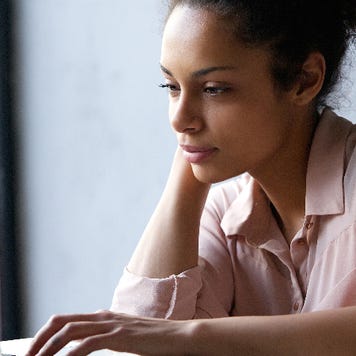 A woman researches online.