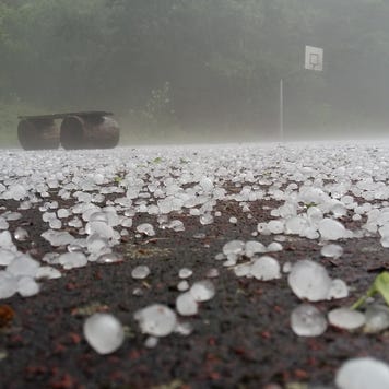 Close-up shot of golf-ball-sized hail stones on the ground.