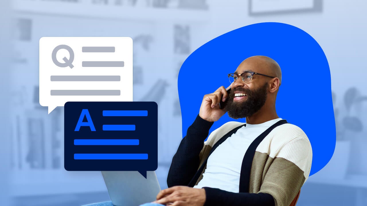 Illustrated photo of business man on the phone with Question and Answer chat bubbles next to him.