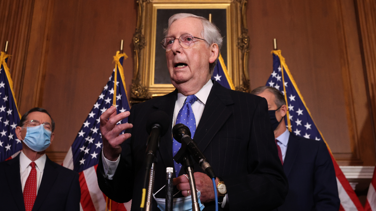 Senate Majority Leader Mitch McConnell (R-KY) talks with reporters.