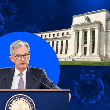 Federal Reserve Chairman Jerome Powell and the Fed Eccles Building illustration