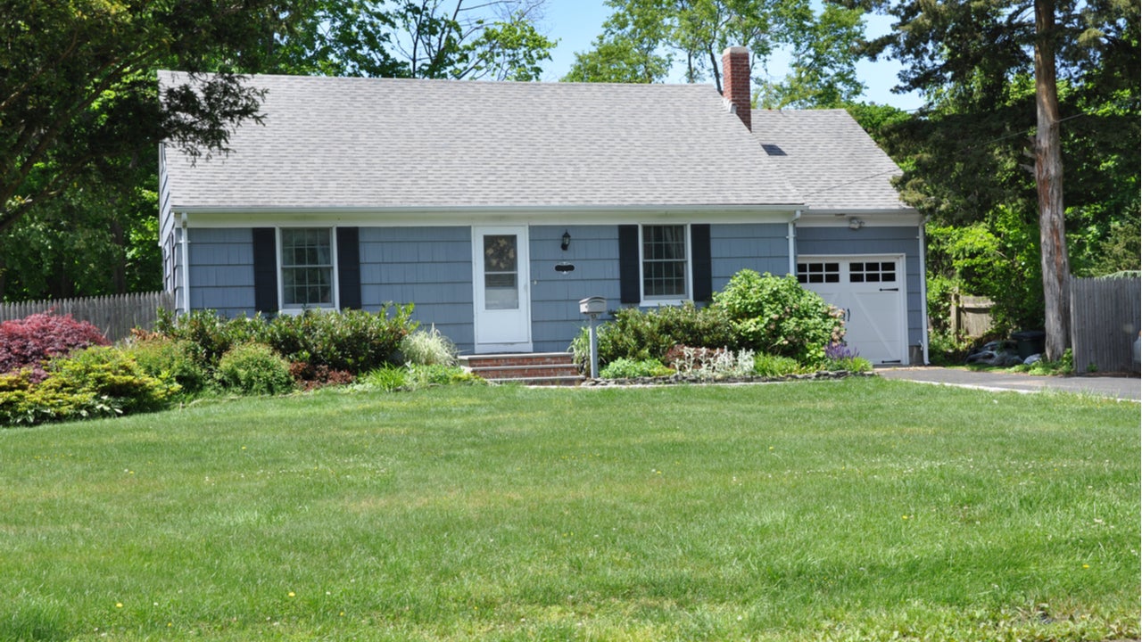A one-story single-family home and yard
