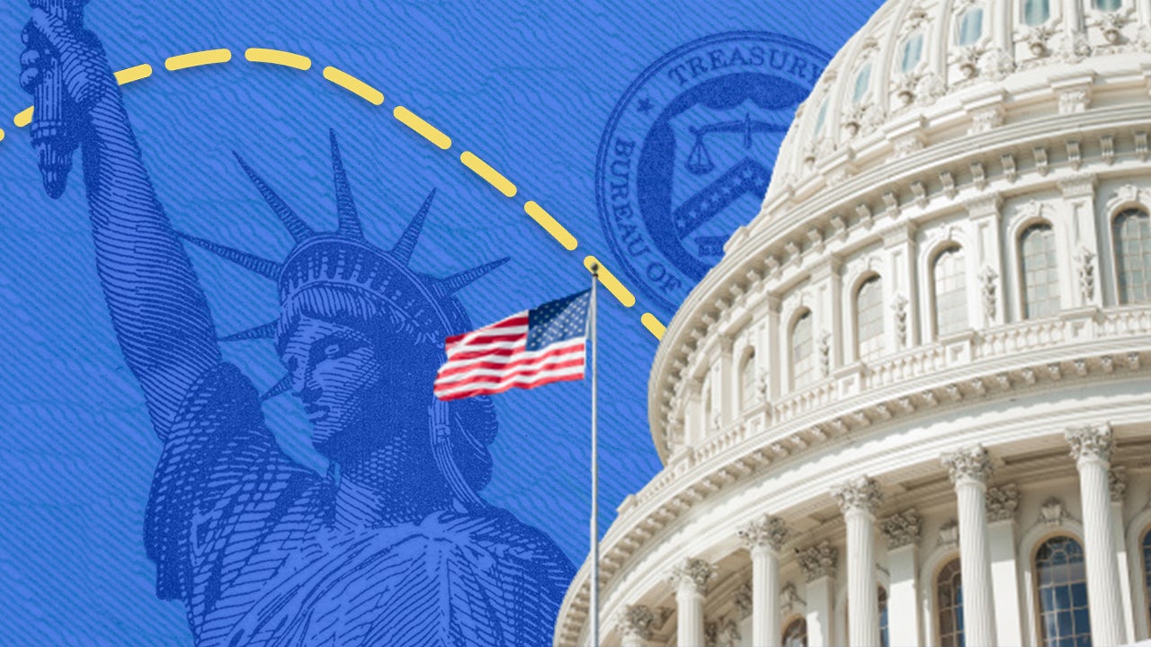 Illustration of Capitol Hill rotunda and coronavirus stimulus checks