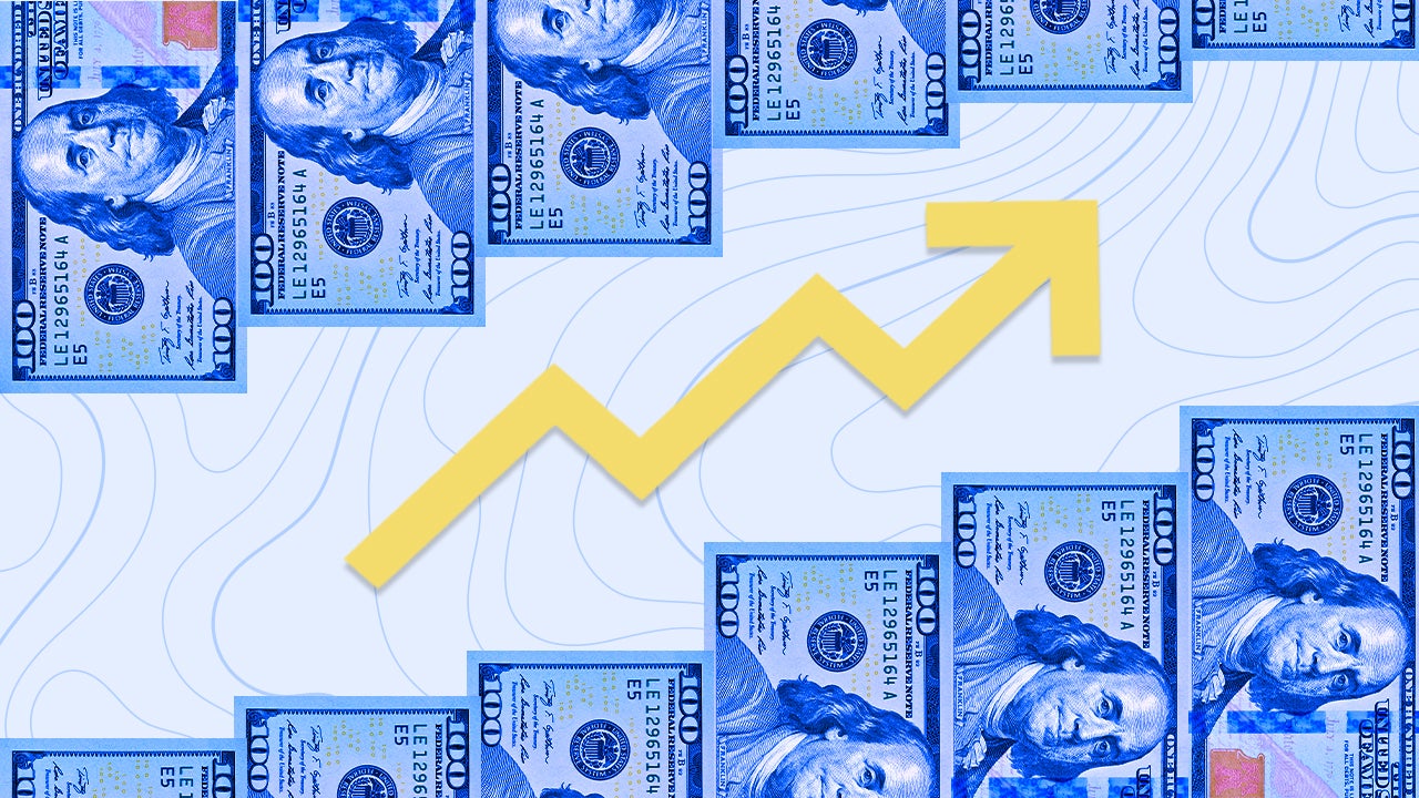 Line graph surrounded by cash