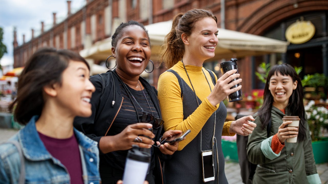 Group of young women tourists
