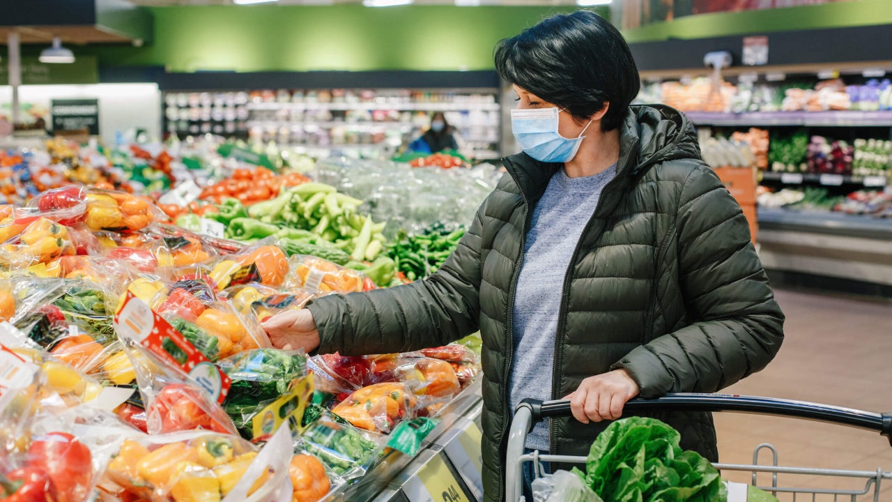 Adult woman wearing a coat and face mask shops for produce in a grocery store
