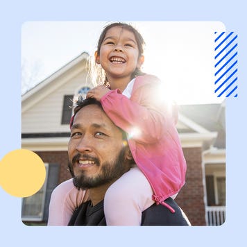 Illustrated graphic featuring a man giving a child a piggyback ride