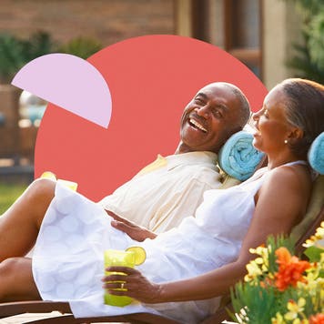 design element of an african american couple lounging on pool chairs