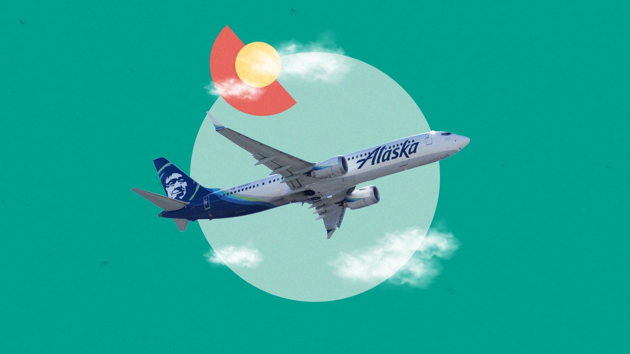 design element including an alaska airlines airplane with some faded out clouds and a green background