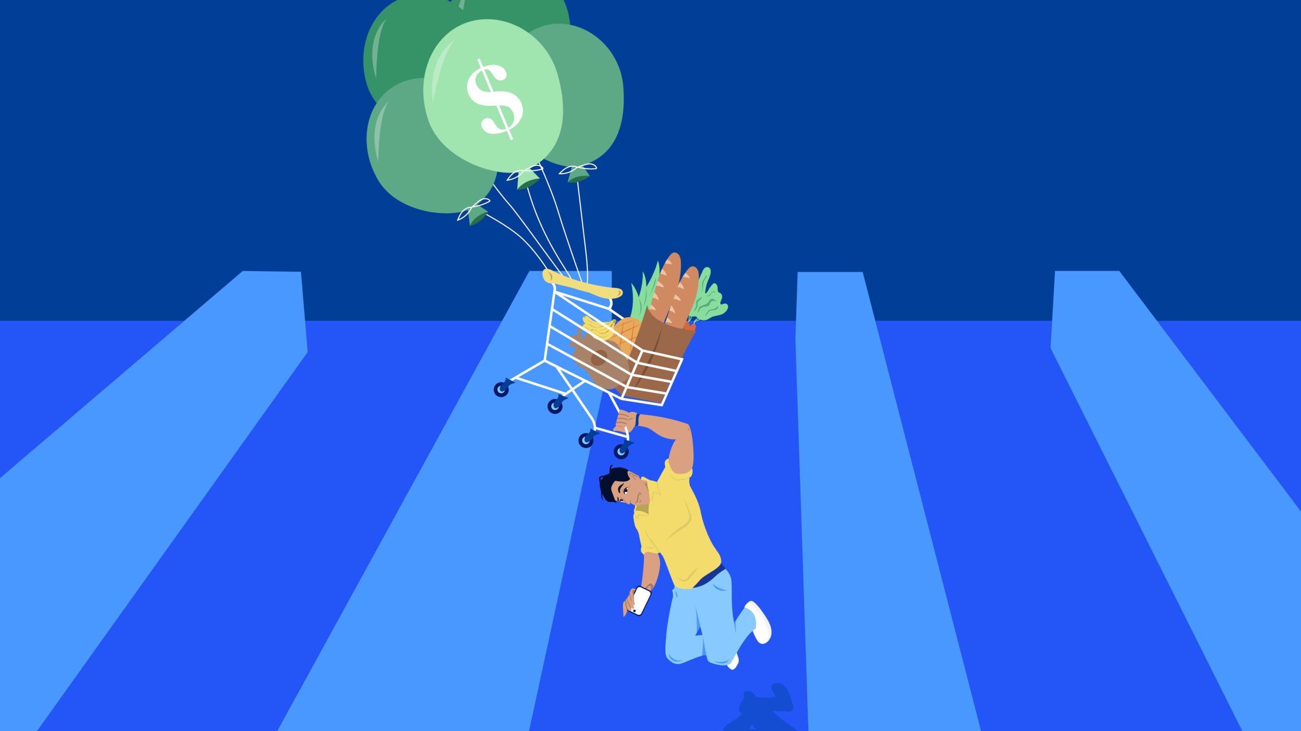 Illustration depicting man lifting off the ground via attached dollar sign balloons