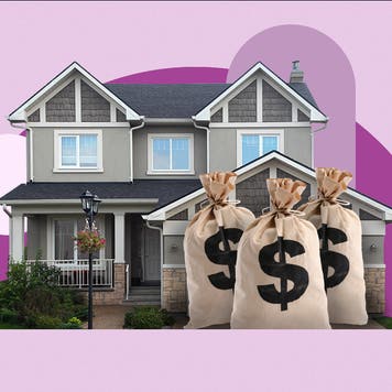 Illustration of money bags in front of a house