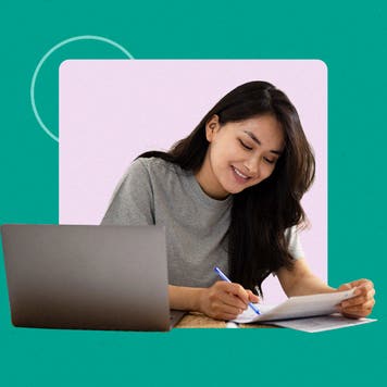 Illustrated graphic featuring a woman looking over paperwork