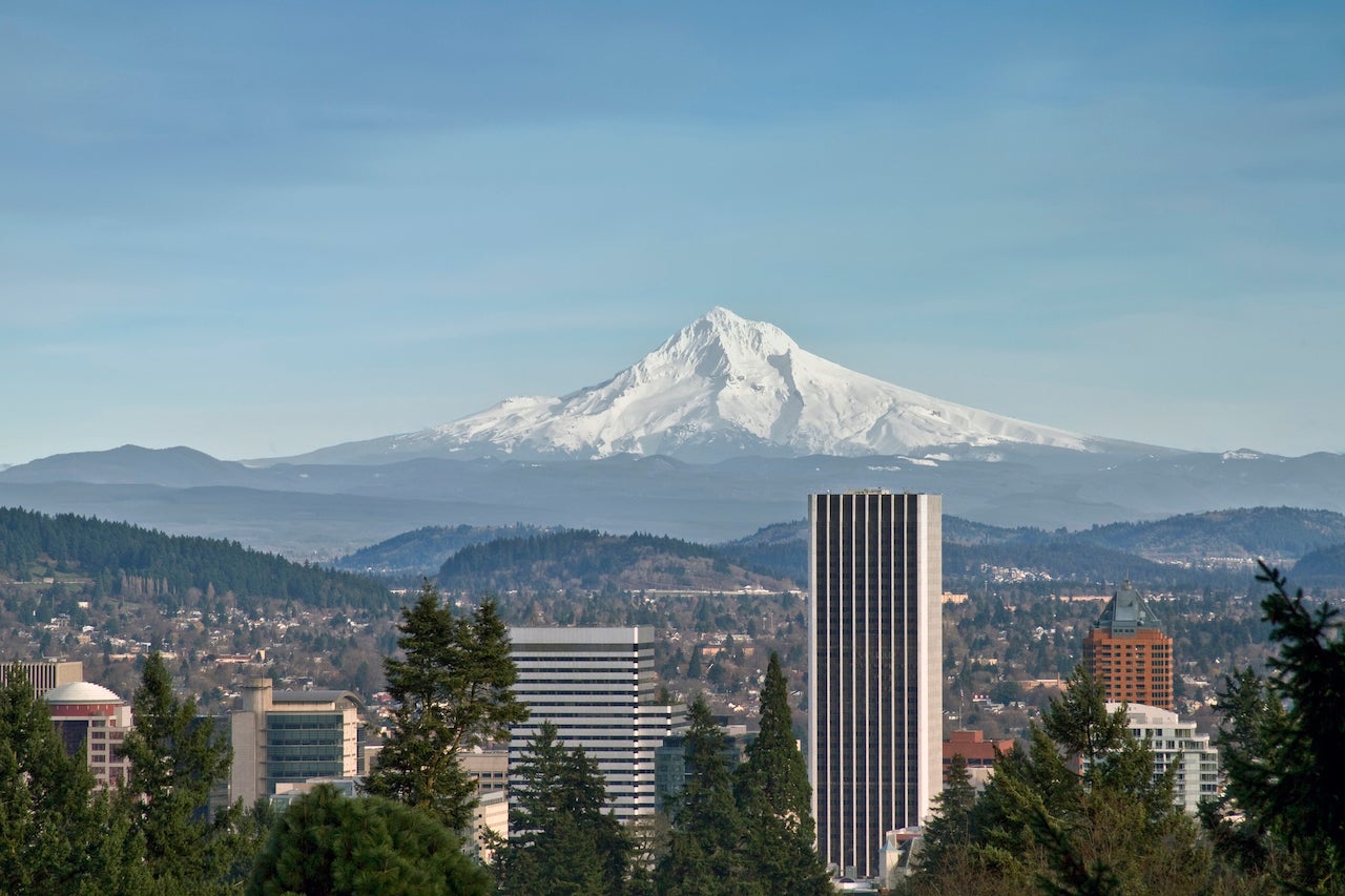 Portland Downtown with Mount Hood View from Japanese Garden