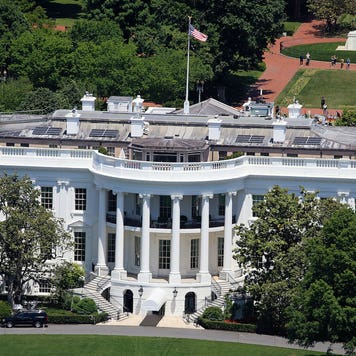 Aerial View of The White House at 1600 Pennsylvania Avenue and Lafayette Square, Washington DC, USA.