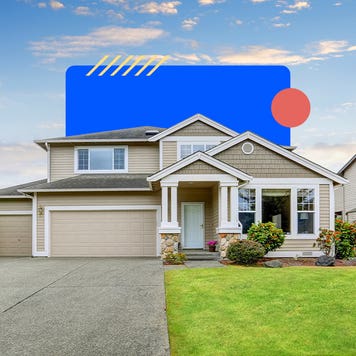 Illustrated collage featuring a house with colorful graphics behind it