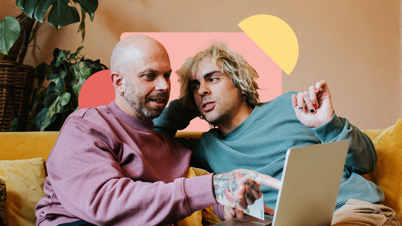 design element including a couple pointing and discussing in front of a laptop