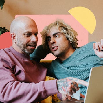 design element including a couple pointing and discussing in front of a laptop