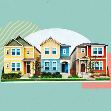 Illustrated collage featuring a row of houses
