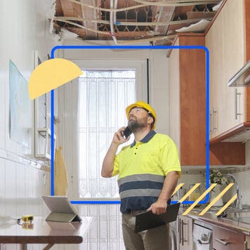 A home inspector assessing damage in a house with an exposed roof.