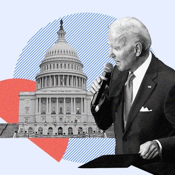 President Biden speaking on a microphone in front of an illustration of the White House