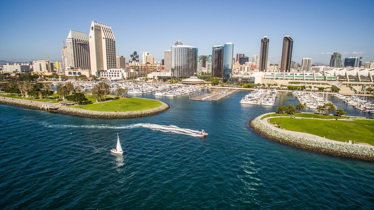 Aerial view of boats and downtown San Diego