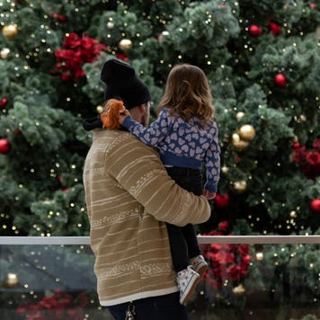 Man and daughter at a mall looking at a giant Christmas tree
