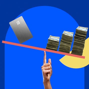 Custome design image of a scale held up by a finger with a credit card on one end and dollar bills on the other