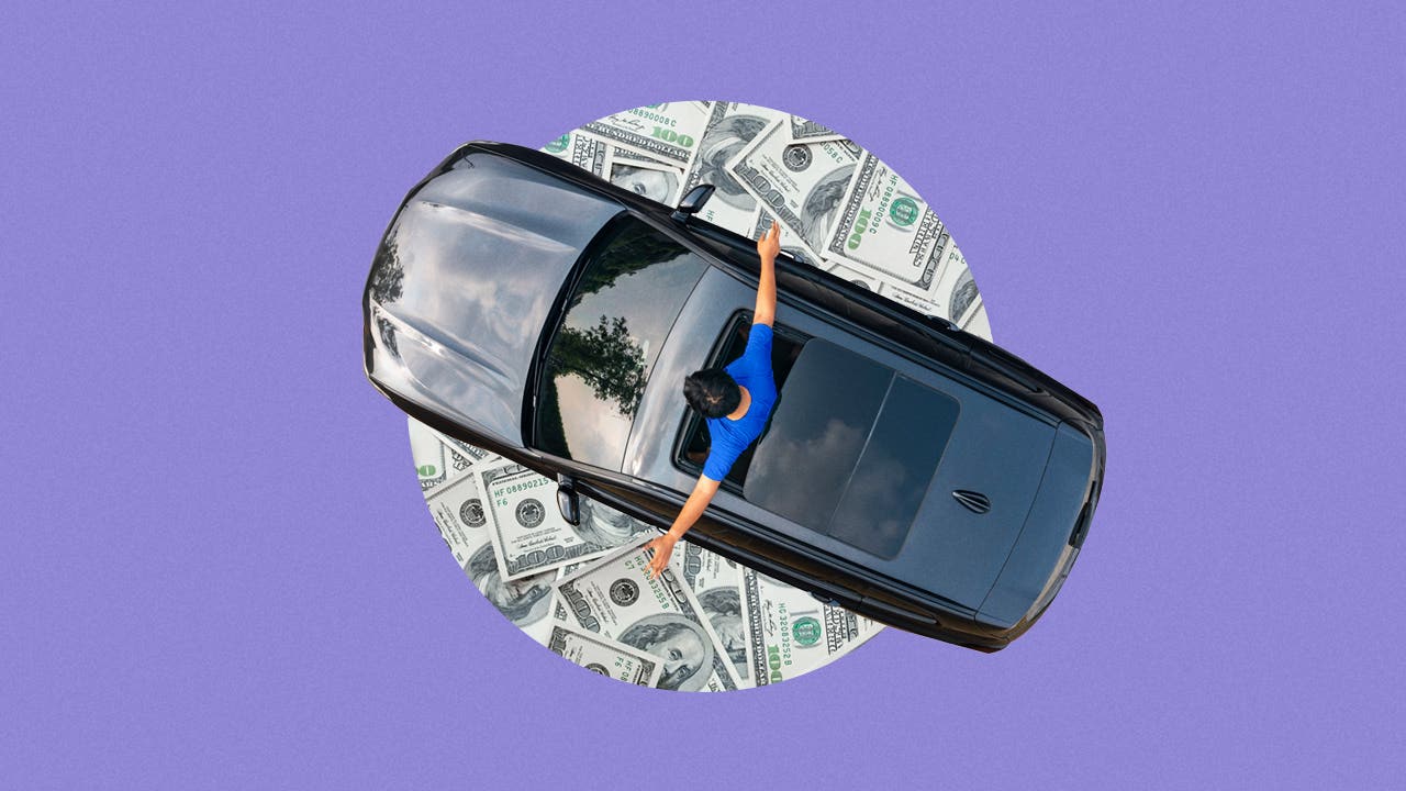 Person in blue shirt sticking out of the sunroof of a grey or black SUV. Centered on a circular image of American dollars on a purple background.