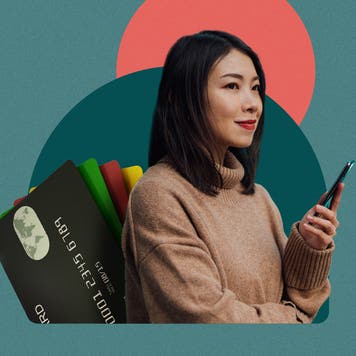design element including a young women holding a phone in her hand and credit cards behind her