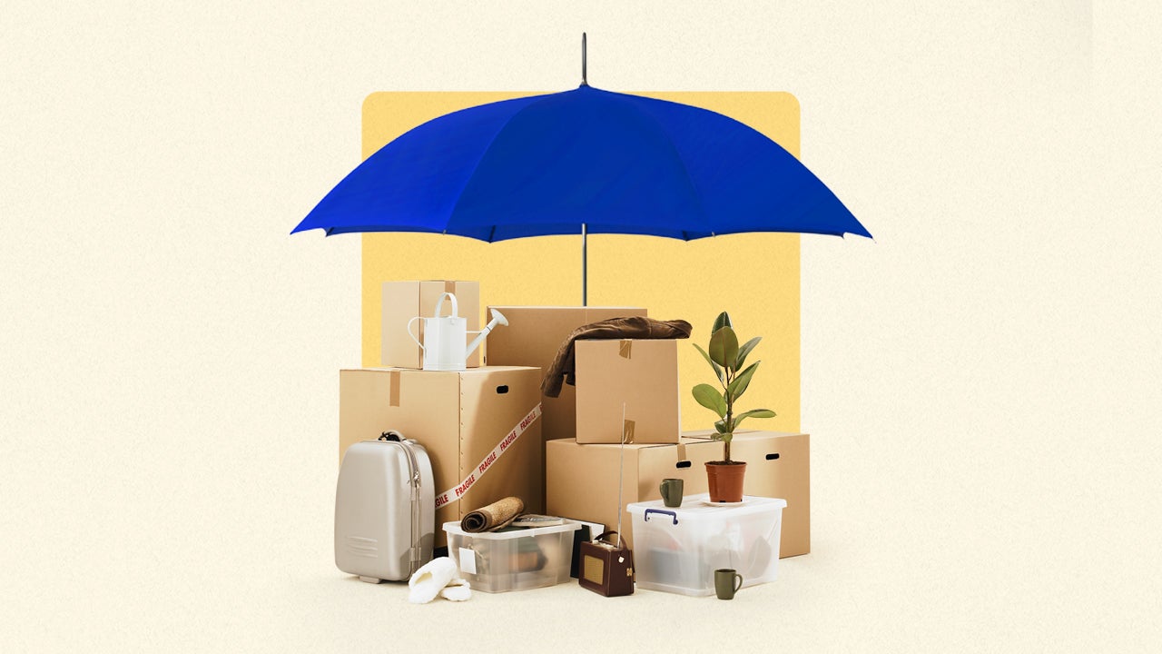 A bunch of boxes and personal possessions with an umbrella over them (blue) symbolizing the theme of this article being about coverage for contents.