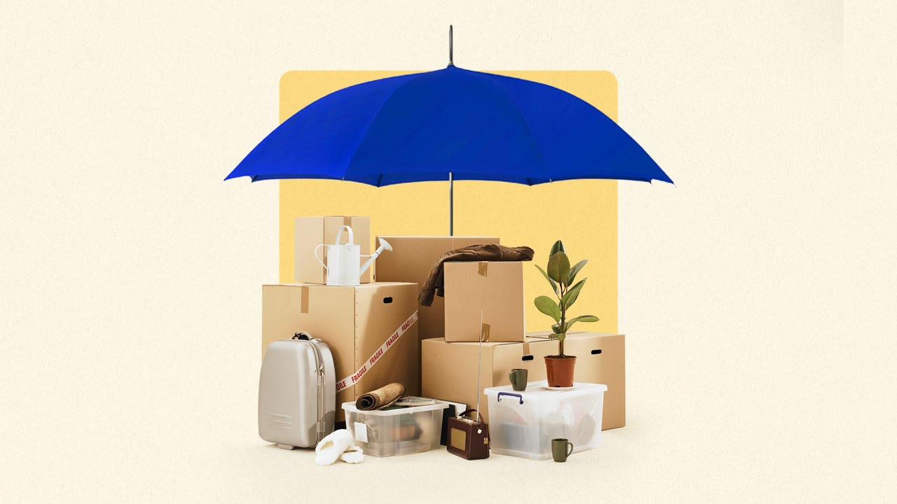 A bunch of boxes and personal possessions with an umbrella over them (blue) symbolizing the theme of this article being about coverage for contents.