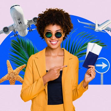 custom illustration of a stock photo of a women holding a passport and plane tickets in hand
