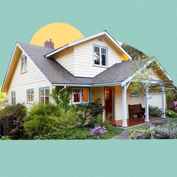 Illustrated collage featuring a house surrounded by greenery