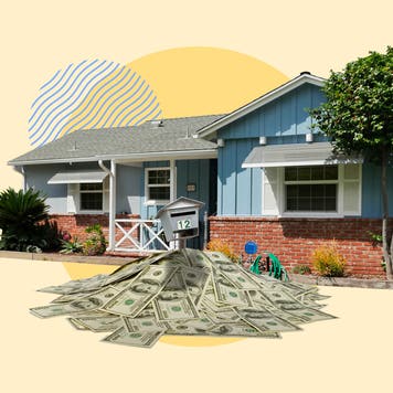 Illustrated collage featuring a house with money pouring from the front door