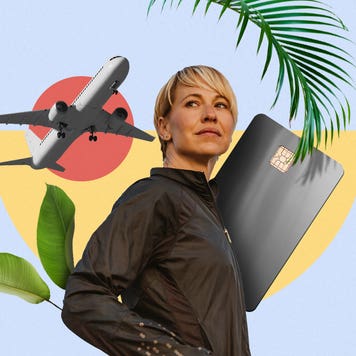 Woman in front of abstract background with a plane and palm tree