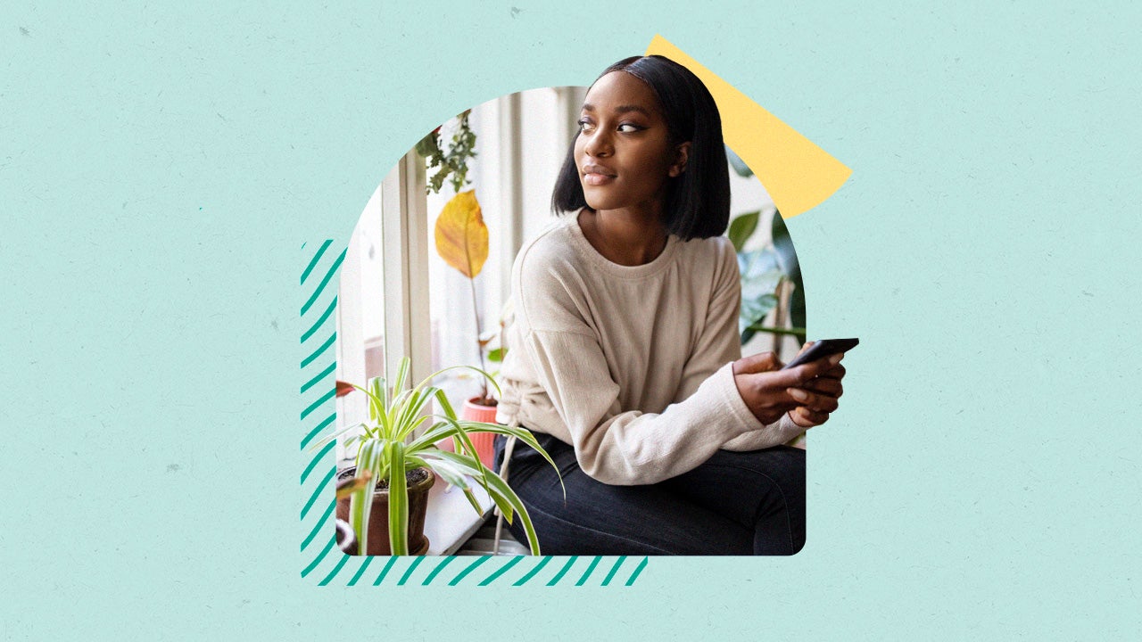 Collage featuring a young woman on her phone