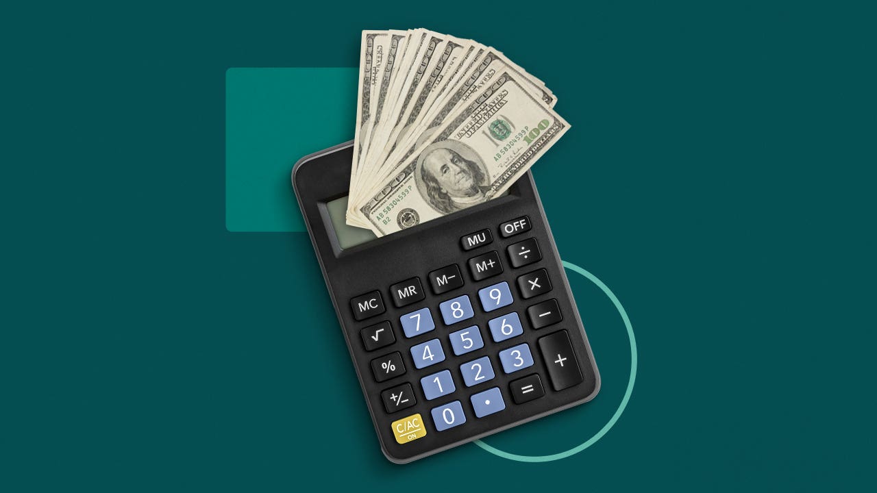 Illustration of a calculator and cash against a green background.