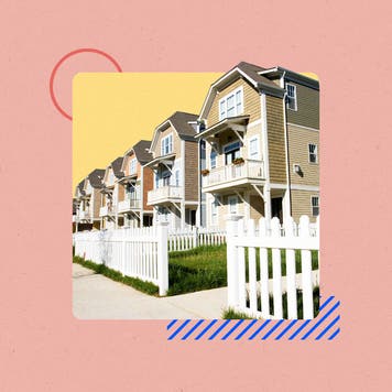 Illustrated collage featuring a row of houses