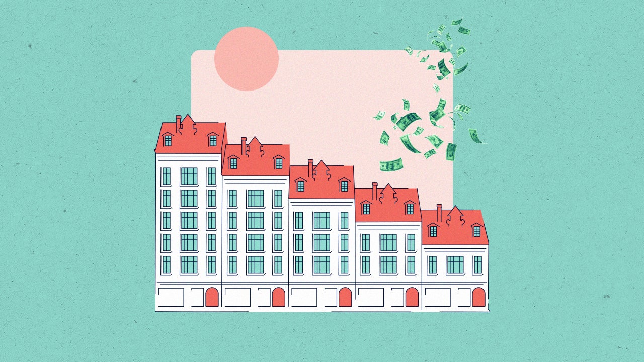 Image of town houses with money falling from the sky