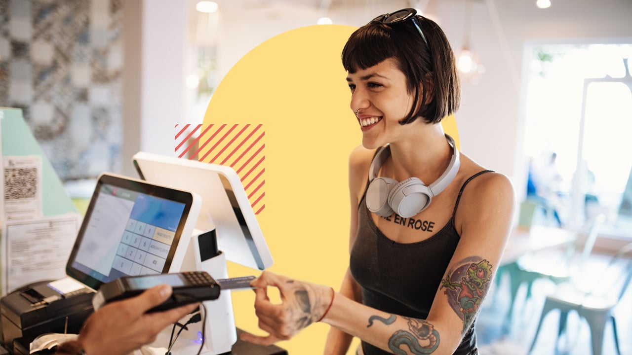 design element including a women handing a card to pay at the register