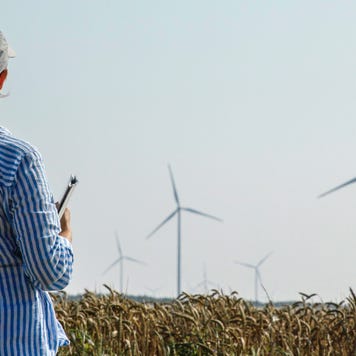 Farmer woman examining wheat field with wind generators behind