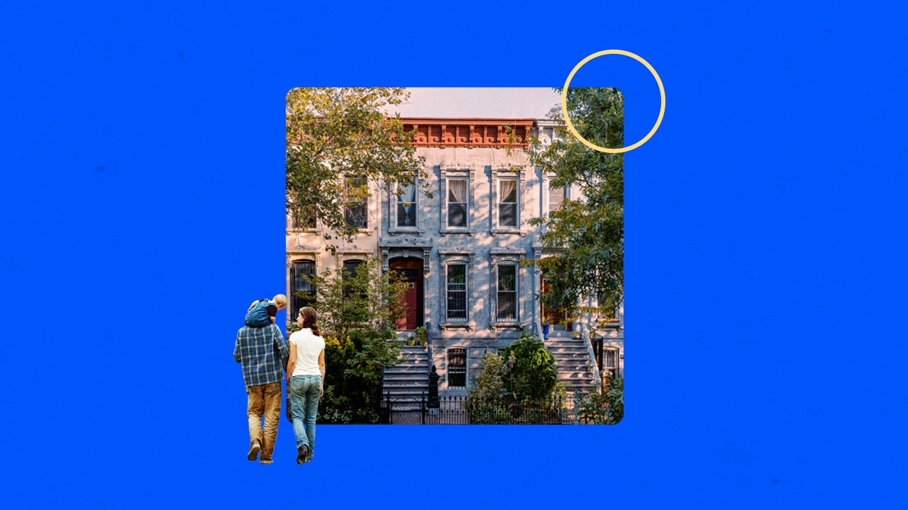 Illustration of two people walking toward a house