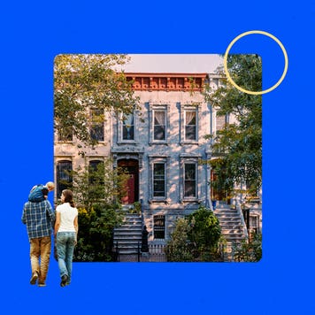 Illustration of two people walking toward a house