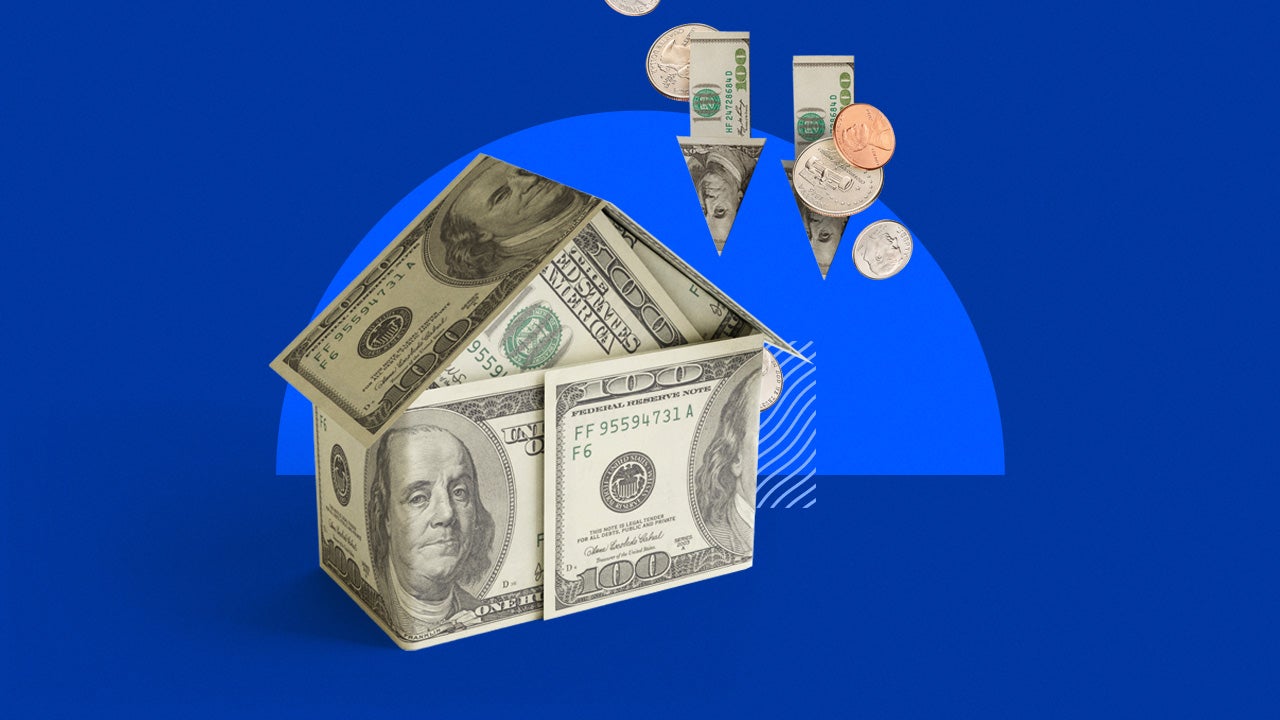 Illustrated collage of a house shape made of money