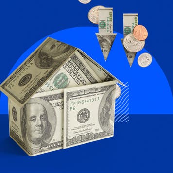 Illustrated collage of a house shape made of money