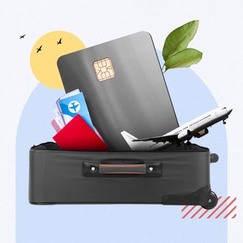 design element of an off white background and a an open suitcase with credit cards and an airplane coming out of it